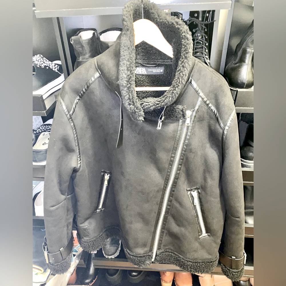 Oversized Faux Suede + Sherpa Wool Biker Jacket